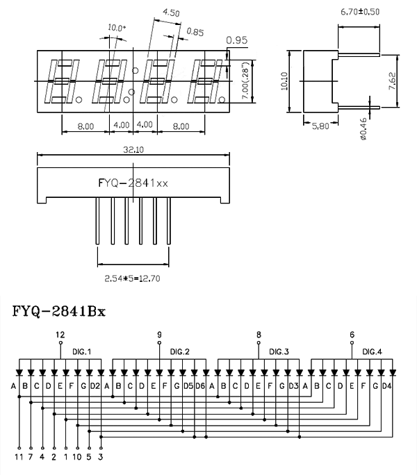 FYQ-2841BS-21 4-х знак.семисегм.инд.0,28 ОA 3.50mcd кр. (рис.2)