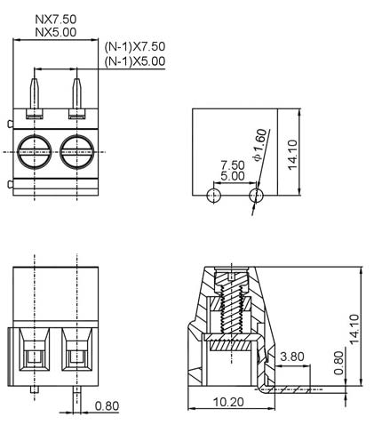 DG128R-03P-14   клеммник винтовой, 3 конт., шаг 5,0 мм, угловой (рис.2)