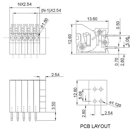 DG141V-2.54-03P  клеммник нажимной, 3 конт., шаг 2.54мм (рис.2)