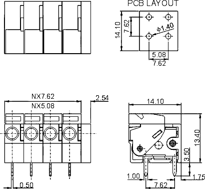 DG142R-5.08-03P  клеммник нажимной, 3 конт., шаг 5.08мм, (FB142R) (рис.2)