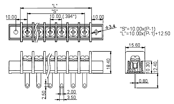 DG55H-A-02P-13  клеммник, 2 конт., шаг 10.0 мм, с отв., (FB55H-A-02P-13) (рис.2)