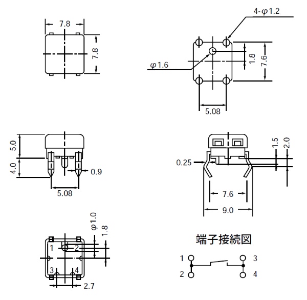 FES311121 кнопка тактовая 7,8х7,8, h = 5 мм, красная, DIP (рис.2)