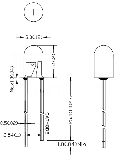 FYL-3004SRD1D светодиод 3мм, суперяркий красный, матовый, 660 нм, 70 мКд, 55° (рис.2)