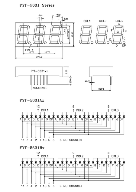 FYT-5631BD  ( BA56-12SRWA) 3-х знак.семисегм.инд. 0,56 суперкрасн. ,ОA, 26-38мКд (рис.2)