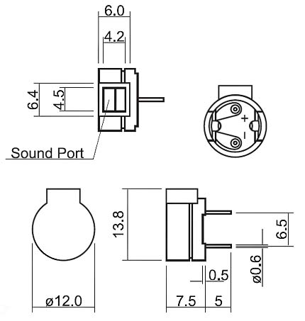 HC12G-04B эл.магнит. изл-ль звука, 1.5В, 2731Гц, d=12мм, h=7,5мм (рис.2)