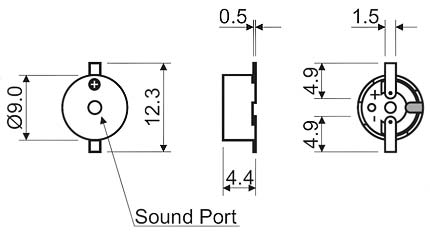 HCS0905F эл.магнит. изл-ль звука, SMD, 5В, 2730Гц, d=9мм, h=4,4мм (рис.2)