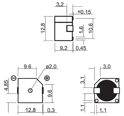 HCS1201A эл.магнит. изл-ль звука, SMD, 1,5В, 2400Гц, 12,8x12,8мм, h=9,2мм (рис.2)