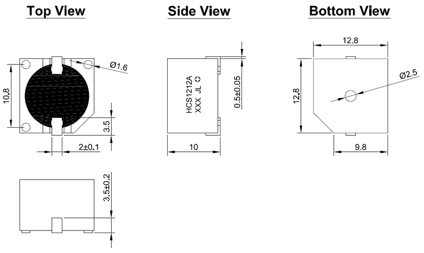 HCS1212A эл.магнит. изл-ль звука, SMD, 12В, 2400Гц, 12,8x12,8 мм, h=9,2мм (рис.2)