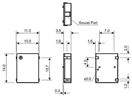 HCS1401A эл.магнит. изл-ль звука, SMD, 1,5В, 3200Гц, 14x11 мм, h=3,5мм (рис.2)