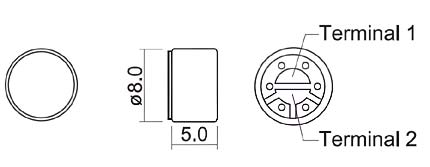 HMU0803A-65   микрофон электретн. 3В, 100-10000Гц, d=8.0мм, h=5.0мм (рис.2)