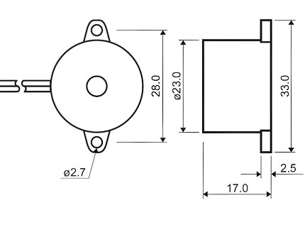 HPA23AX   излуч-ль звука пьез. с ген., выводн. 12В, 3,7кГц, d=23мм, h=17мм (рис.2)