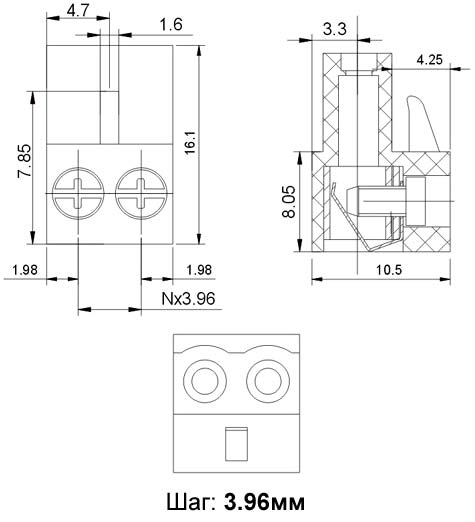 HT396K-03P 3-х конт.роз.разъемн. шаг 3.96 мм, зел. (рис.2)