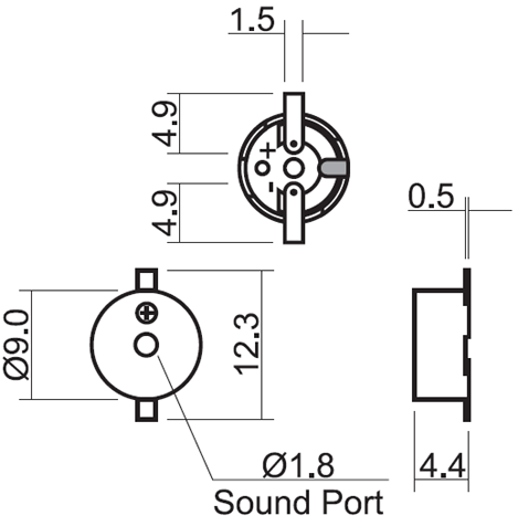 HCS0903F эл.магнит. изл-ль звука, SMD, 3В, 2730Гц, d=9мм, h=4,4мм (рис.1)