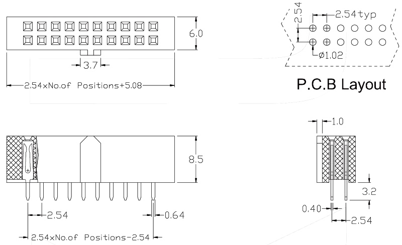 KLS1-219X-2-6-S гнездо на плату, 2 ряда, с ключом, шаг 2.54мм (2х03) (рис.2)