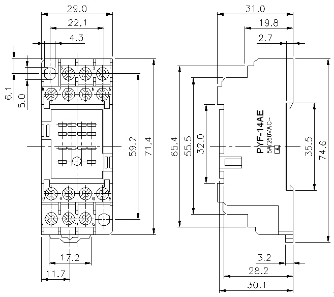 PYF-14AE колодка для реле TRY-4C (рис.2)