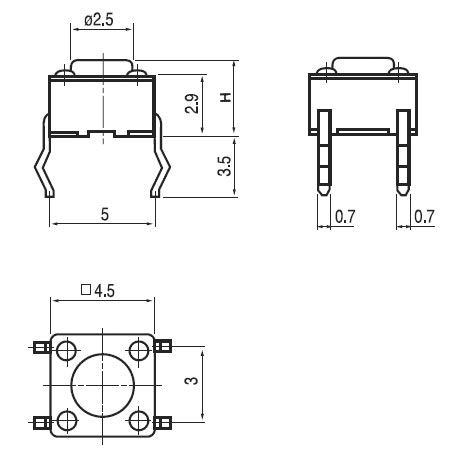 TS-07-038   кнопка тактовая 4,5x4,5, h = 3,8 мм, DIP (рис.2)