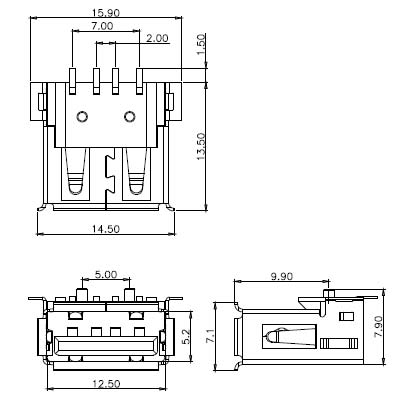 USBA-1J-SM USB розетка на плату,A, SMD (рис.2)