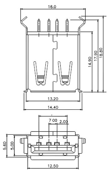 USBA-1J-S USB розетка на плату,A, прямая (рис.2)